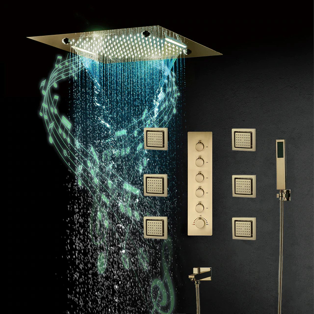 Fontana Dijon Thermostatic Phone Controlled Recessed Ceiling Mount LED Musical Rainfall Mist Waterfall Shower System with Handheld Shower and Jetted Body Sprays